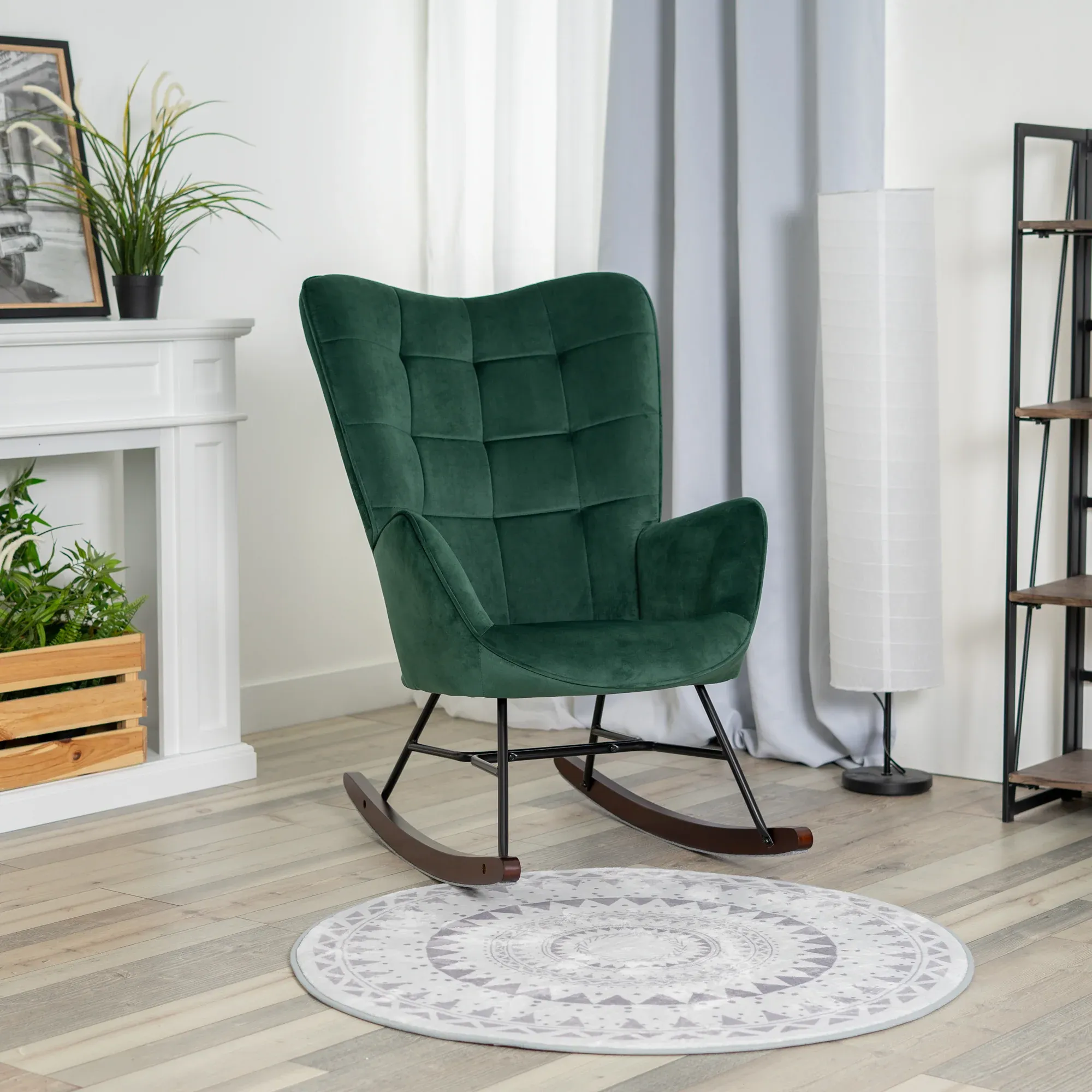 Fauteuil à bascule allaitement scandinave avec accoudoirs en velours vert foncé à surpiqûres - FUNKEL – Image 2