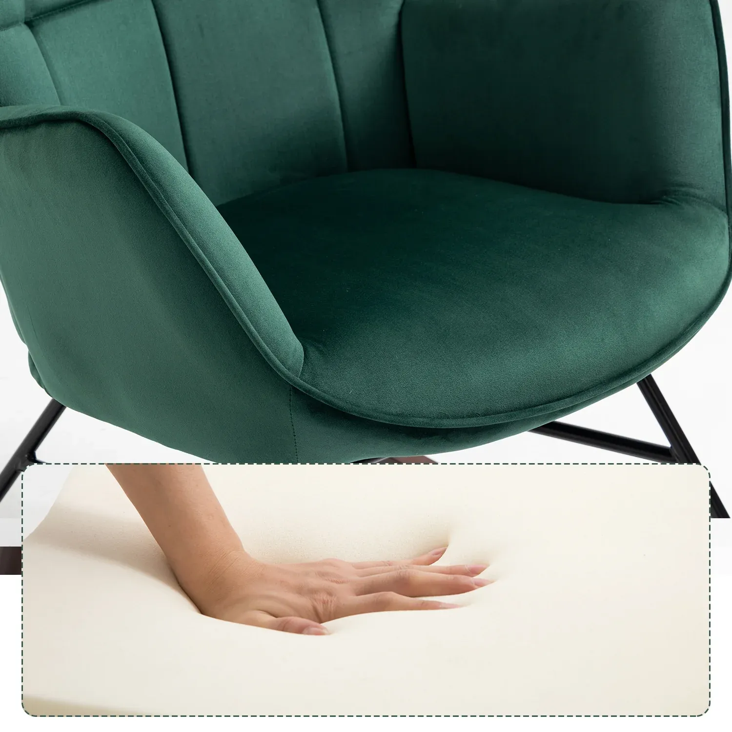 Fauteuil à bascule allaitement scandinave avec accoudoirs en velours vert foncé à surpiqûres - FUNKEL – Image 9