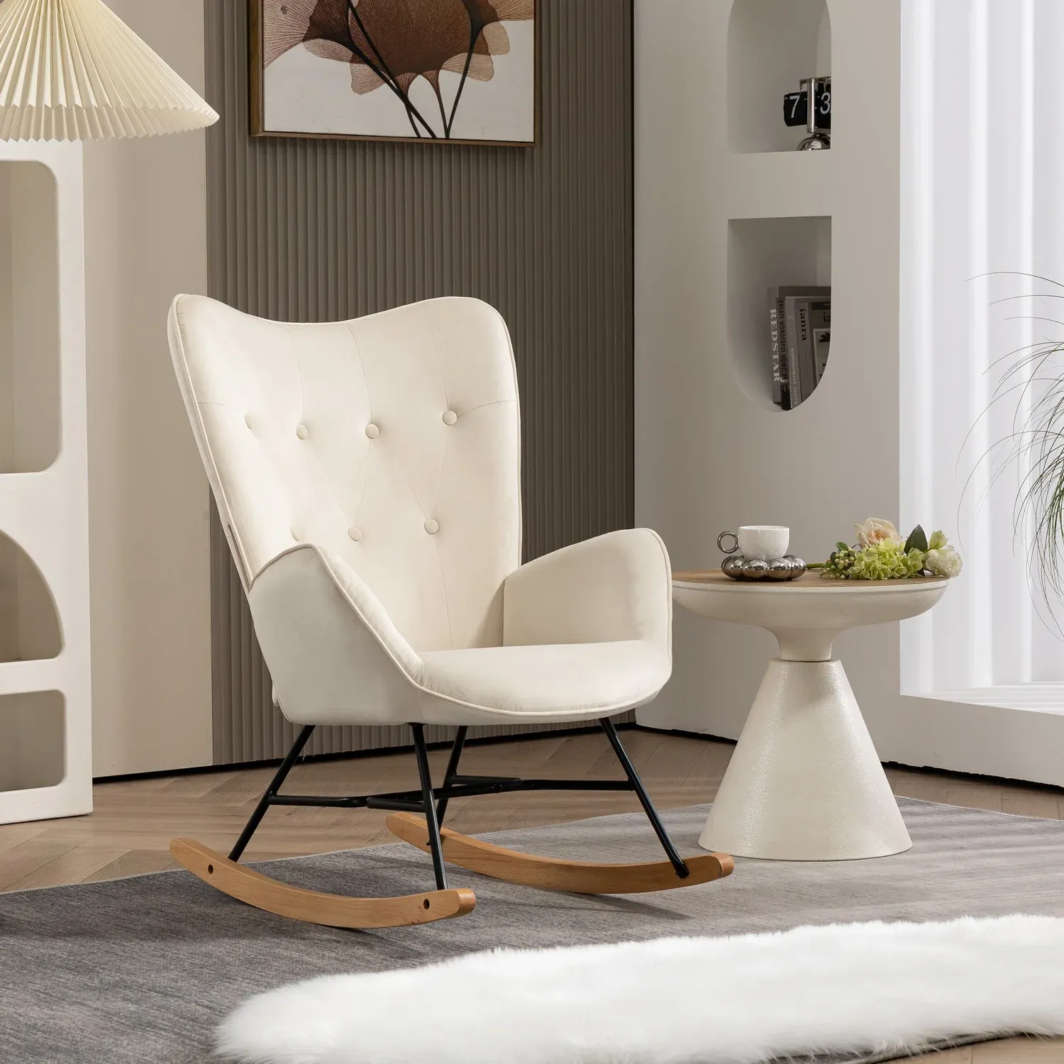 Fauteuil à bascule allaitement scandinave confortable en velours beige capitonné - EPPING BEIGE – Image 3